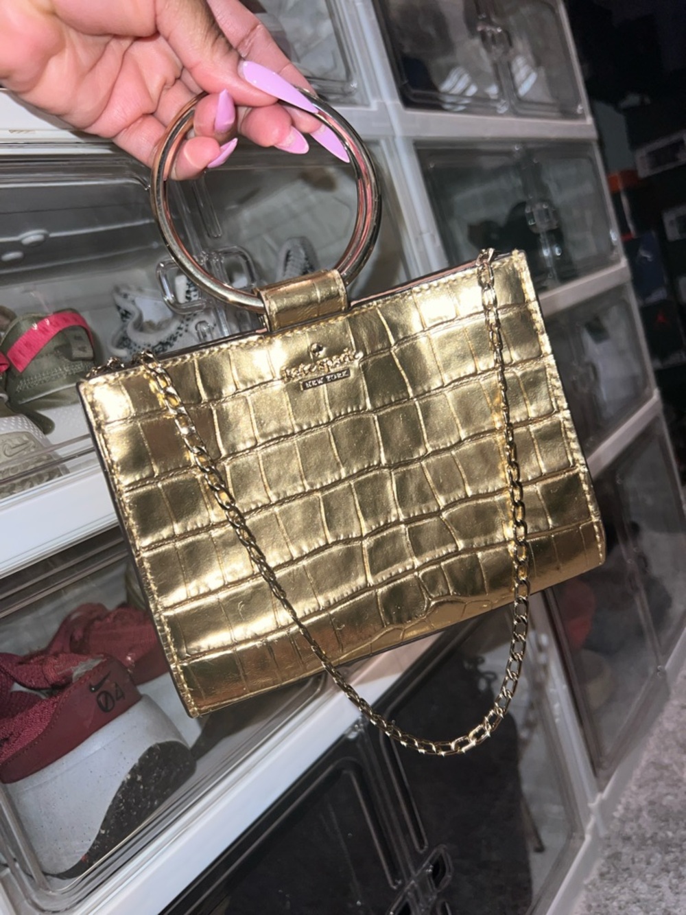 Metallic Gold Croc-Embossed Ring-Handle Shoulder Bag